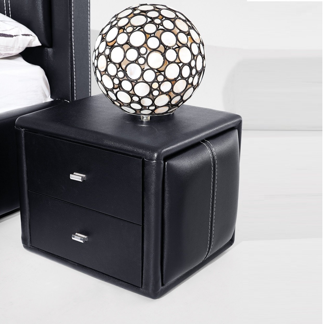 Victoria Contemporary 2 Drawer Black Faux Leather Bedside Drawer